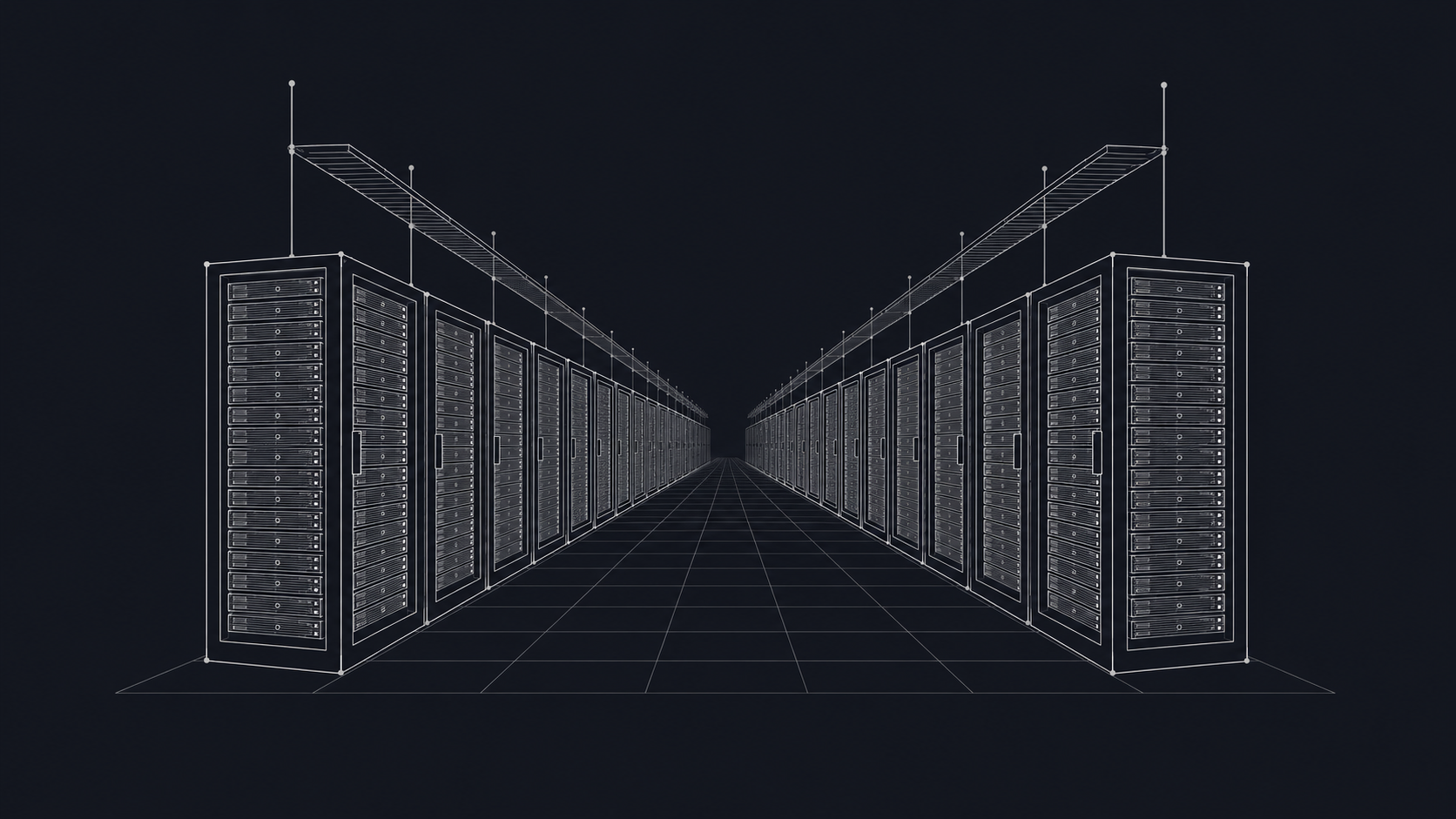 Line illustration of a data hall: two rows of server cabinets receding down a cold aisle