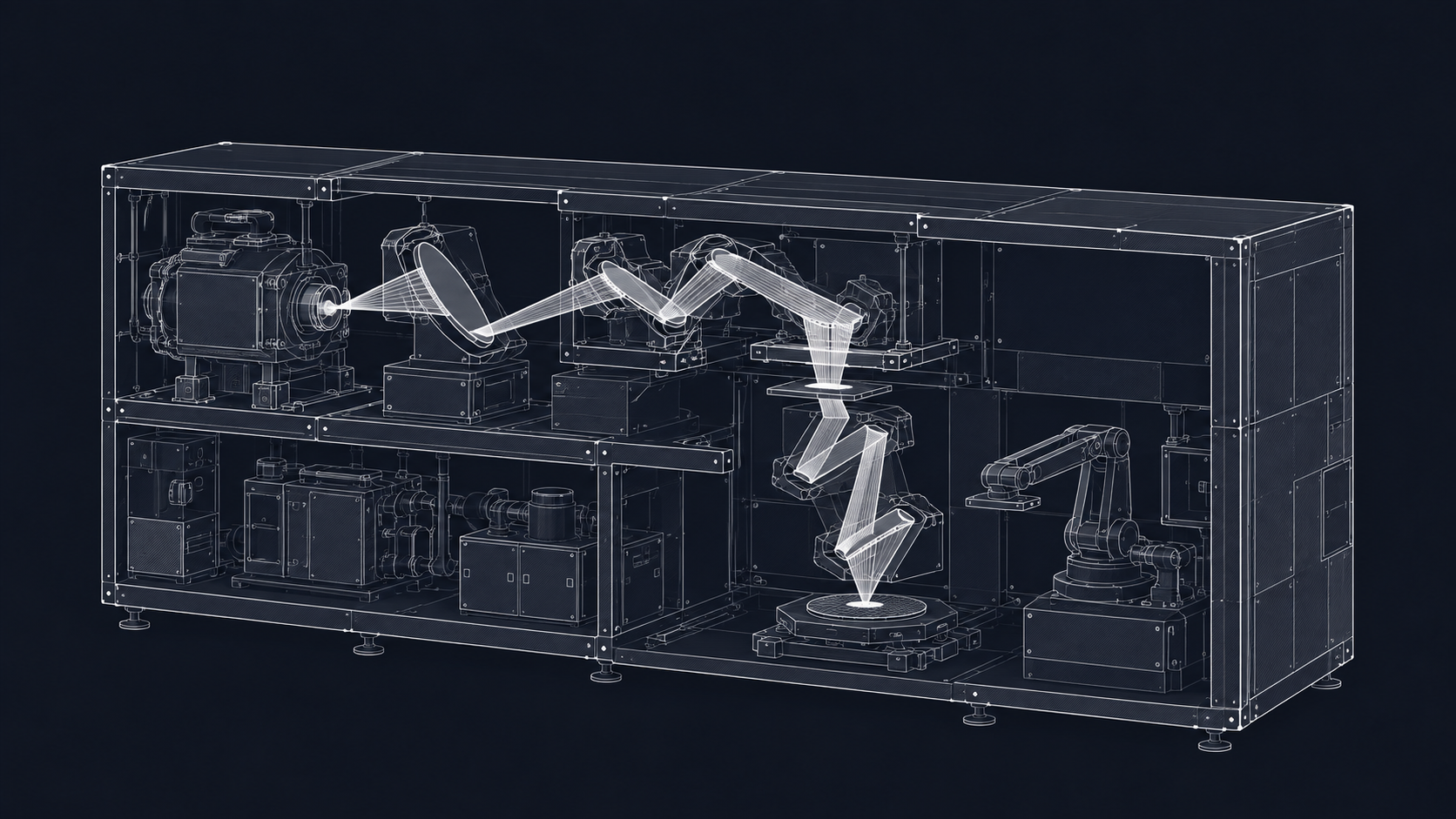 Cutaway line illustration of an EUV lithography machine: source vessel, folded mirror path, wafer stage and handling robot